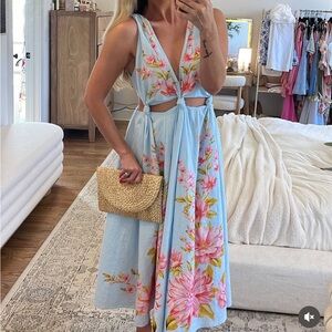 FARM Rio Floral Dress in Light Blue and Pink